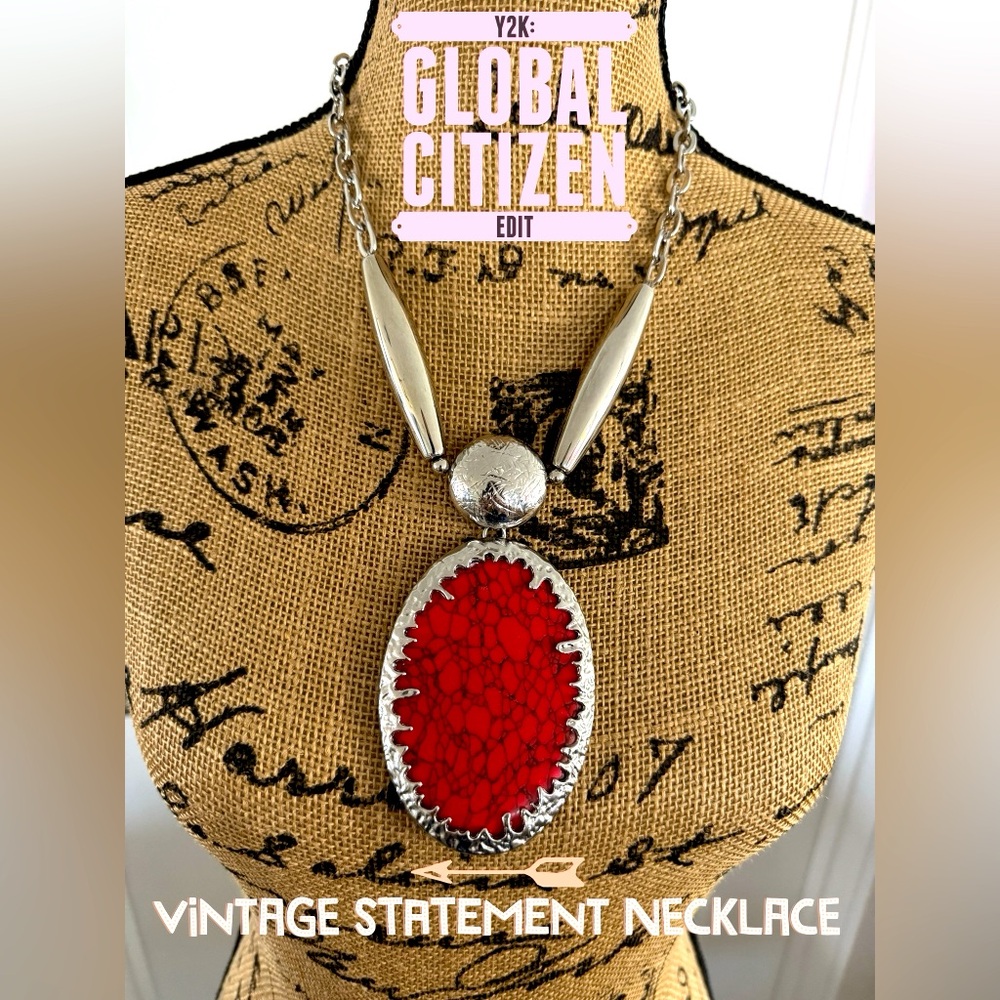 Vintage Global Citizen Statement Necklace Red Silver